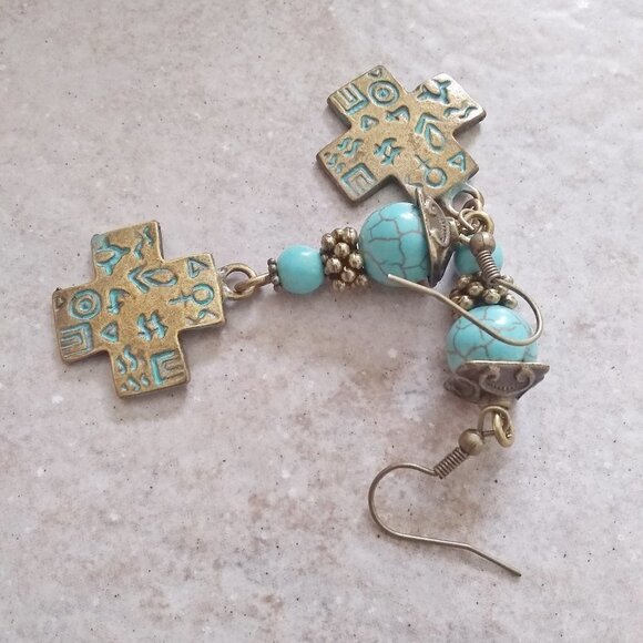 Symbols Numerology Dangle Earrings - Aqua Howlite + Patina Painted Bronze Cross - Picture 4 of 6